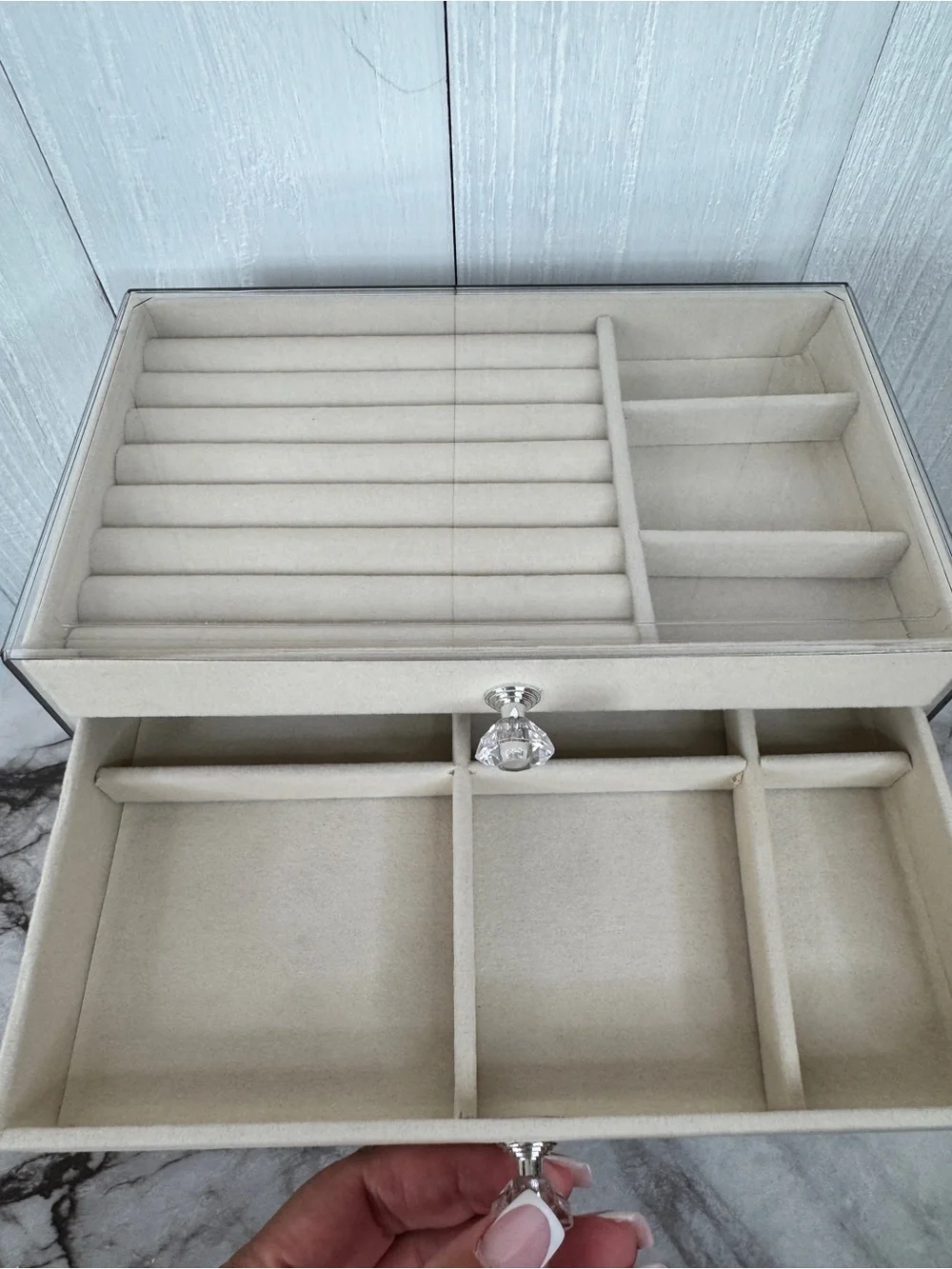Acrylic Beige Velvet Jewelry Organizer with Crystal Knobs - 3 Drawer | Lot of 2